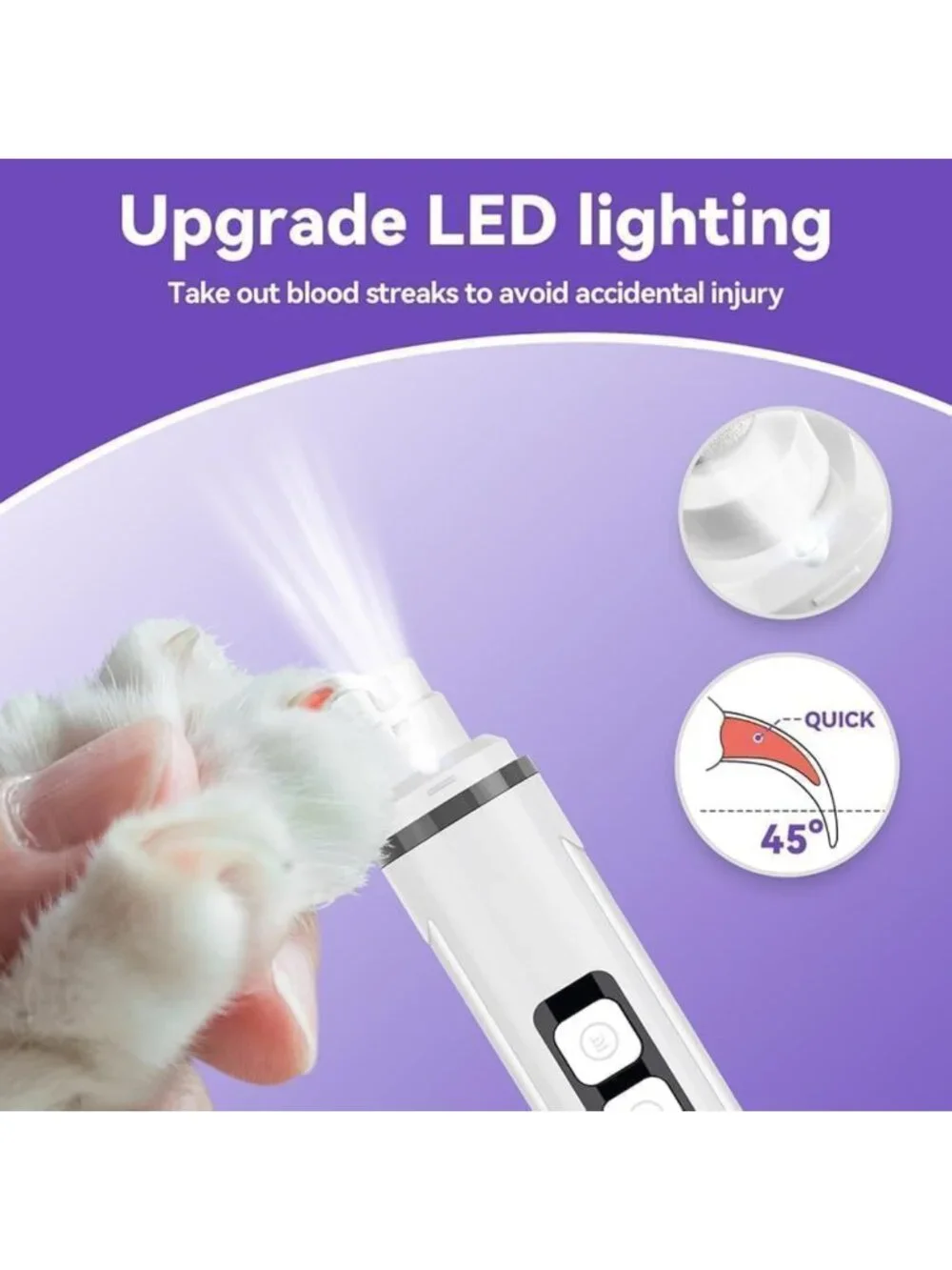 Ultra-Quiet Dog & Cat Nail Grinder with LED Light - Painless Pet Nail Trimmer